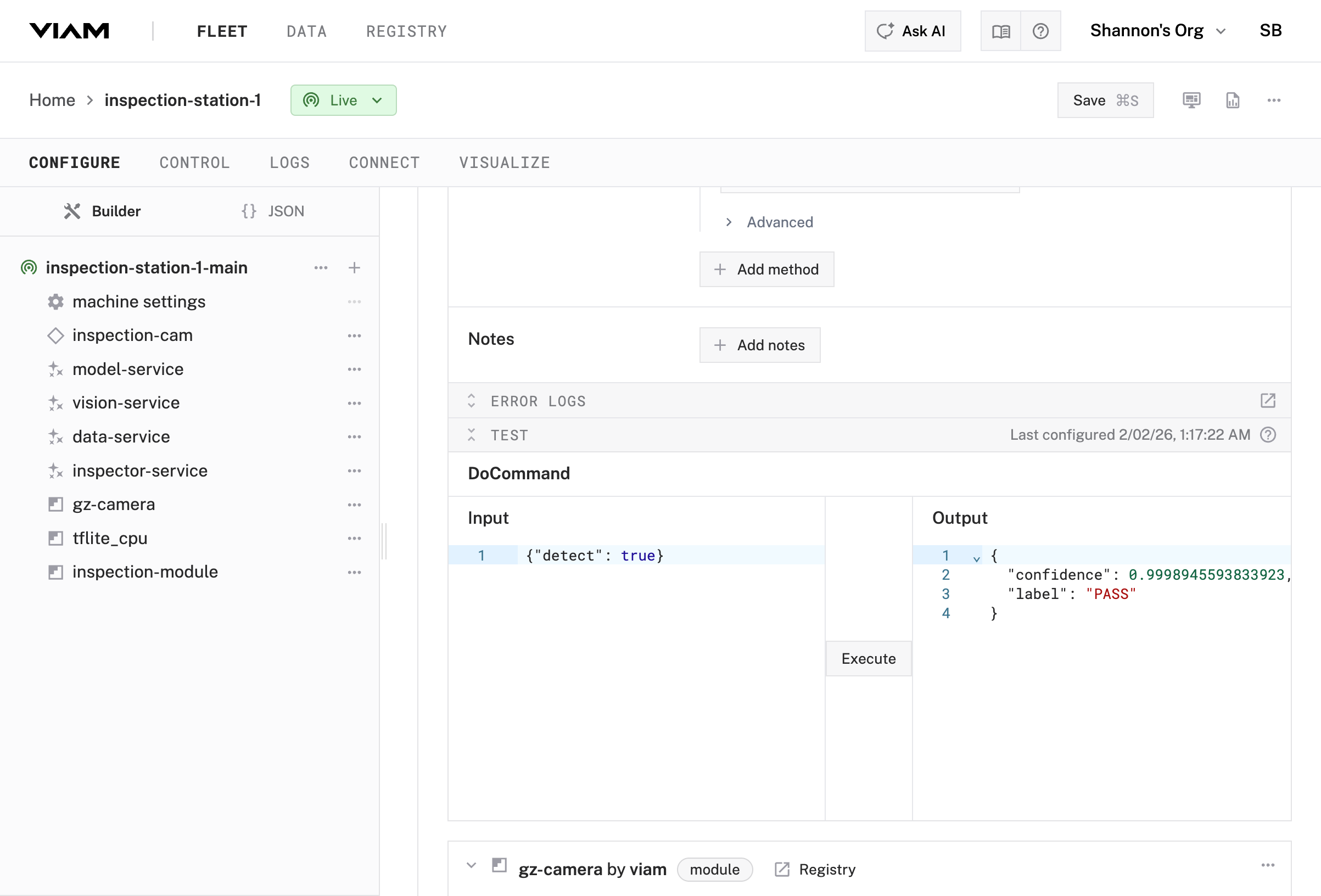 DoCommand test panel showing detection result with label PASS and confidence score.